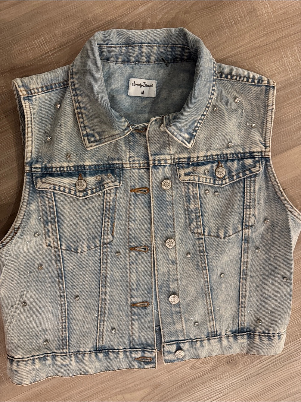 Simply Blessed Acid Light Wash Denim Vest with Stud Detail- Getaway car lyrics M